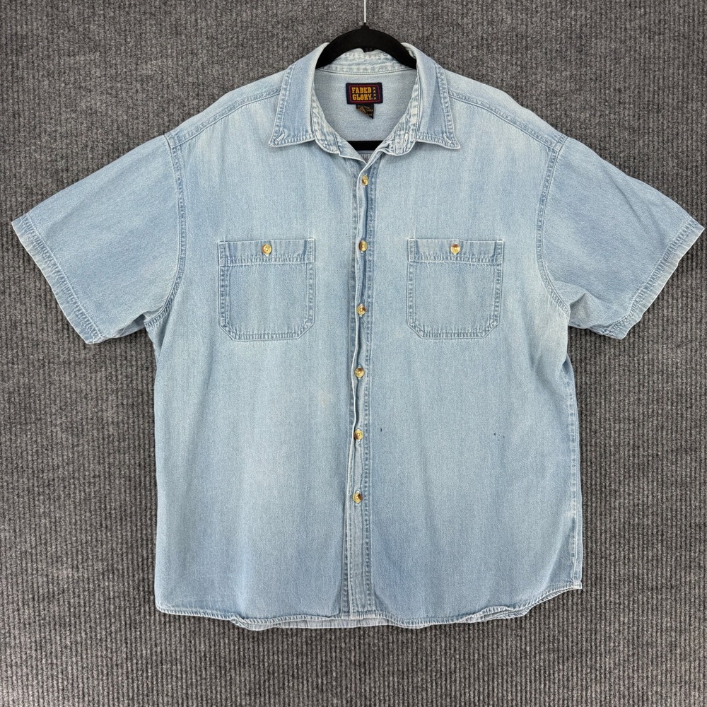 Vintage Faded Glory short sleeve denim XL shirt distressed workwear button up